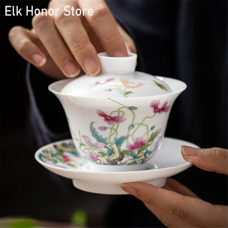 Fehér Porcelán Sancai Gaiwan Kerámia Háztartási Gaiwan Teáscsésze Egyetlen Kézzel Készített Kung Fu Egészség Megőrzése Tea Gaiwan Teás Készlet 0