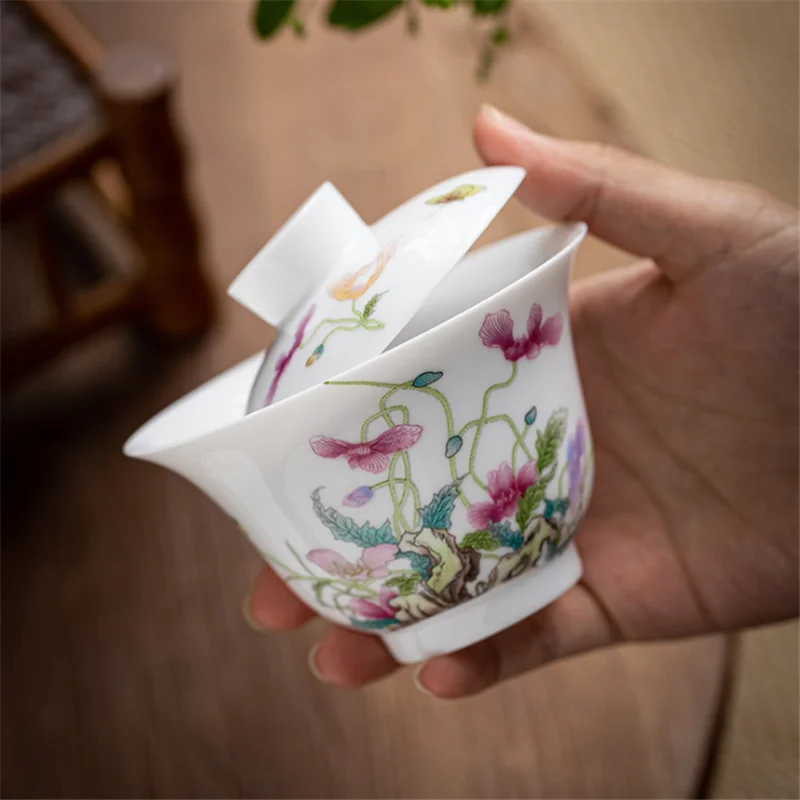 Fehér Porcelán Sancai Gaiwan Kerámia Háztartási Gaiwan Teáscsésze Egyetlen Kézzel Készített Kung Fu Egészség Megőrzése Tea Gaiwan Teás Készlet 2