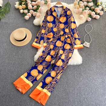 2021 új stílus pizsama stílus sült utcai ruha, tavaszi, nyári új, hosszú ujjú felsők niche nyomtatott széles-láb nadrág nők