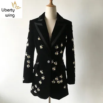 Legújabb luxus Kifutó Márkás Női Lenyűgöző Gyöngyös Bársony Blézer Kabát Gyémánt Hímzés Hivatal Női Blézer 3XL